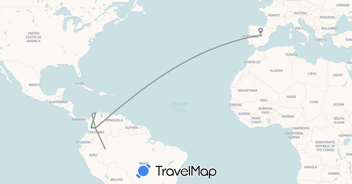 TravelMap itinerary: driving, bus, plane, cycling in Colombia, Spain (Europe, South America)